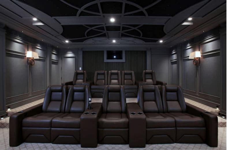 Custom home theater seating in brown leather reupholstered by Villanueva's Upholstery in the Rio Grande Valley